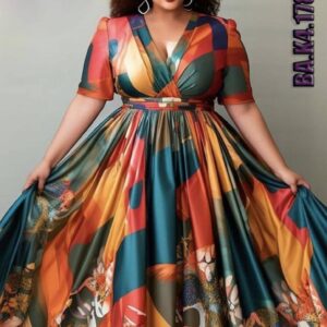 Plus Size Abstract Print Satin Wrap Dress